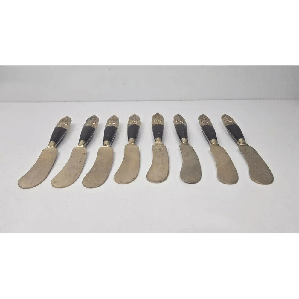 Vintage 8 Cheese Spreader Knives Buddha Bronze Brass Rosewood Siam Thailand 6” - Picture 9 of 13